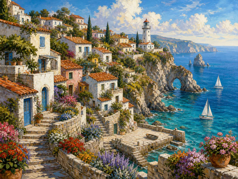 Morning Clifftop Village, an illustrated seaside scenes jigsaw puzzle scene