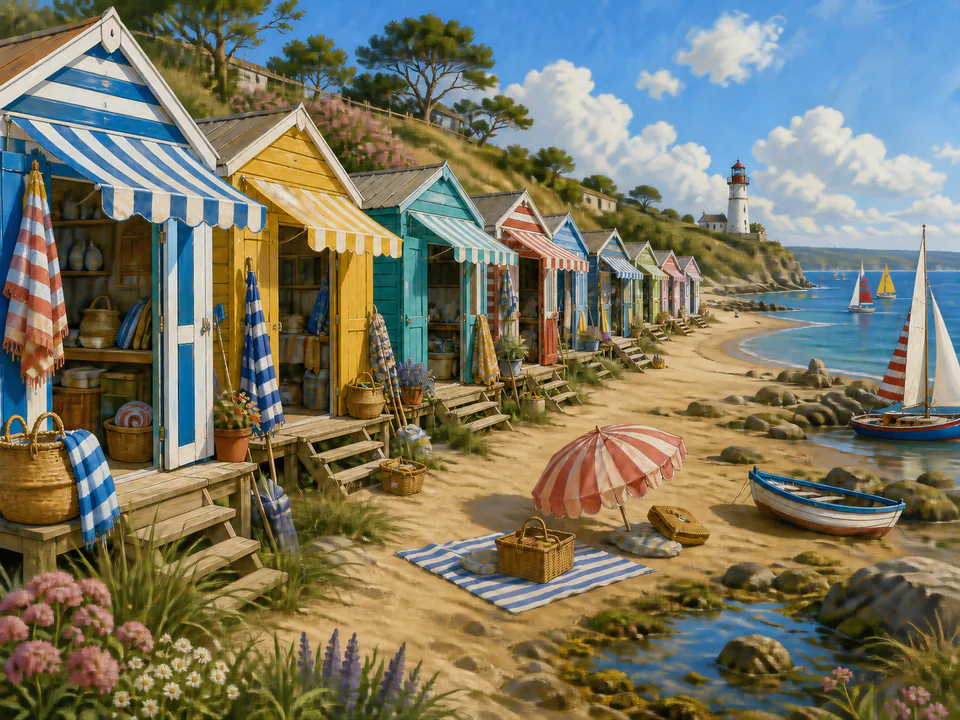 Morning Beach Huts, an illustrated seaside scenes jigsaw puzzle scene