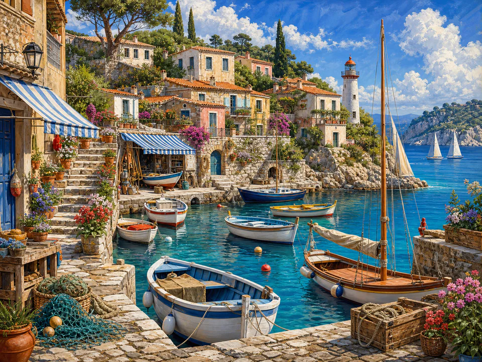 Morning Island Marina, an illustrated seaside scenes jigsaw puzzle scene