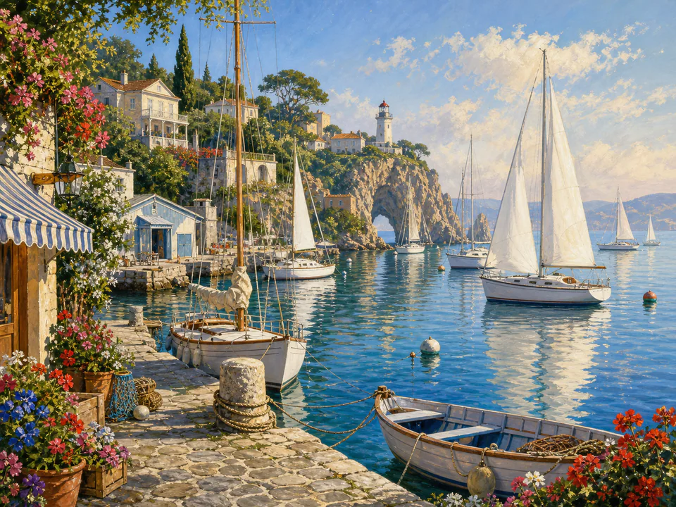 Morning Sailing Bay, an illustrated seaside scenes jigsaw puzzle scene