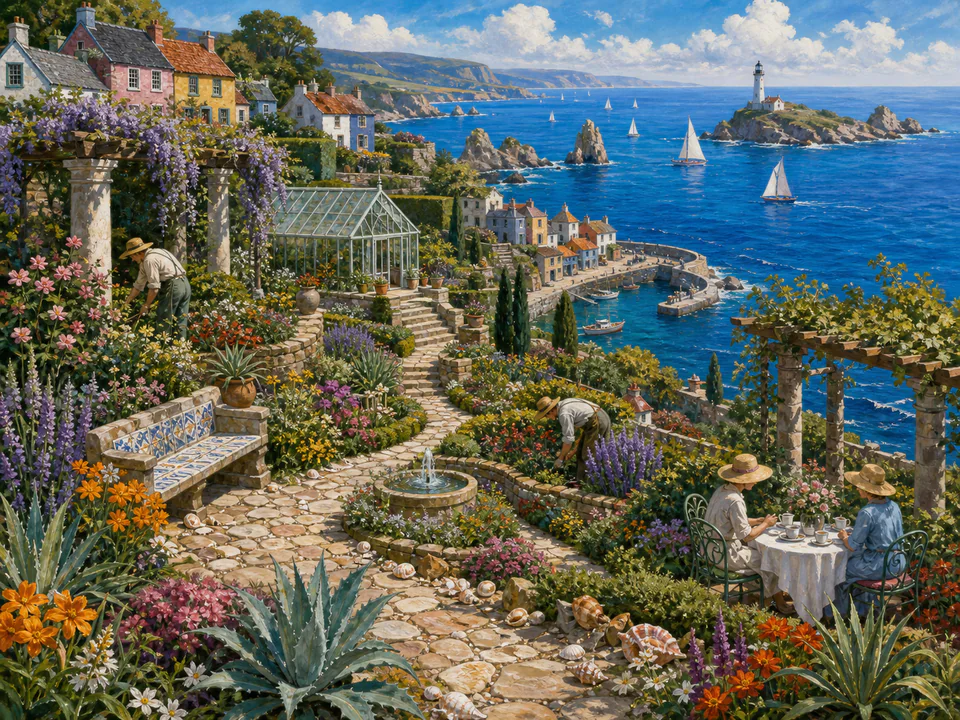 Morning Coastal Gardens, an illustrated seaside scenes jigsaw puzzle scene