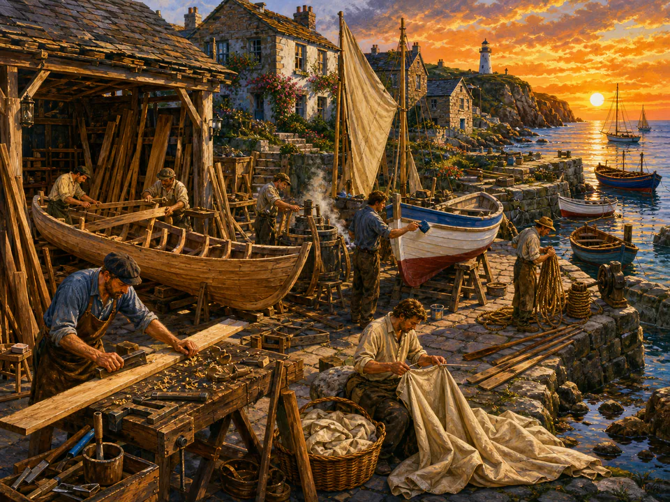 Morning Boat Workshop, an illustrated seaside scenes jigsaw puzzle scene