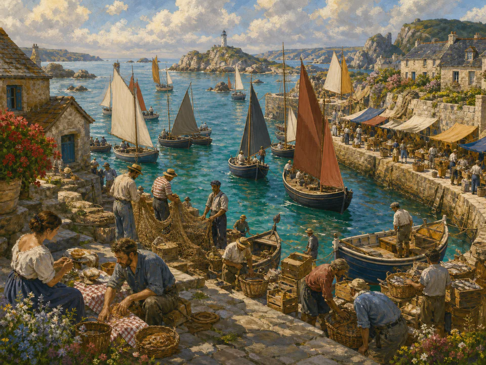 Regatta Fishing Harbor, an illustrated seaside scenes jigsaw puzzle scene