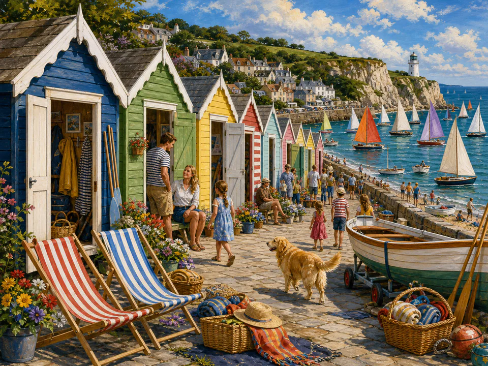 Regatta Beach Huts, an illustrated seaside scenes jigsaw puzzle scene