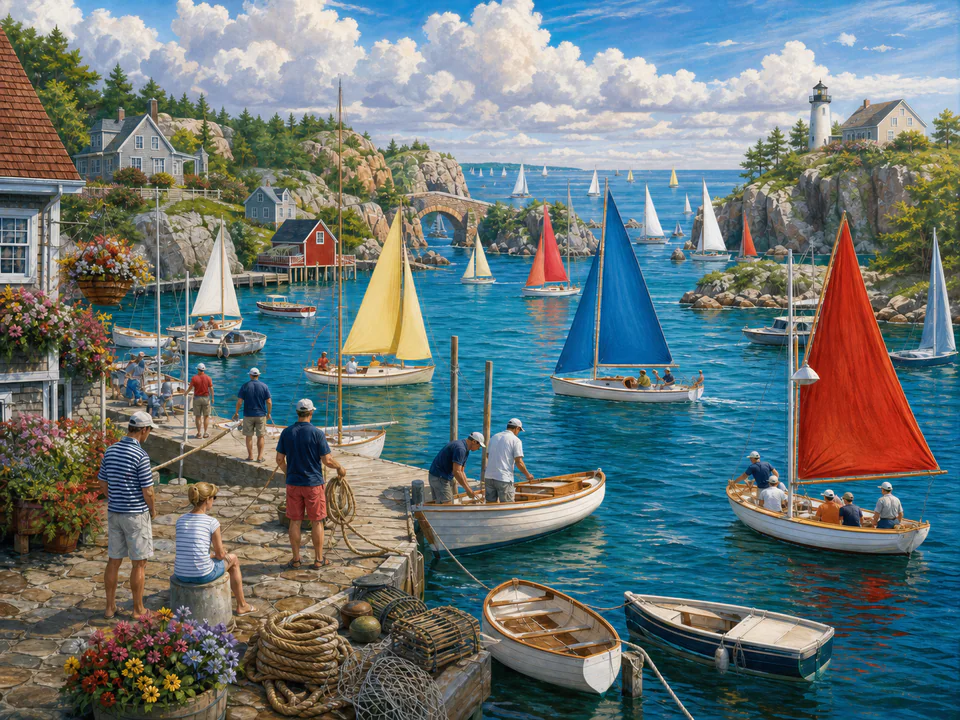 Regatta Island Marina, an illustrated seaside scenes jigsaw puzzle scene