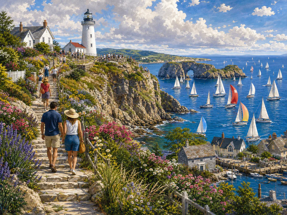 Regatta Lighthouse Path, an illustrated seaside scenes jigsaw puzzle scene