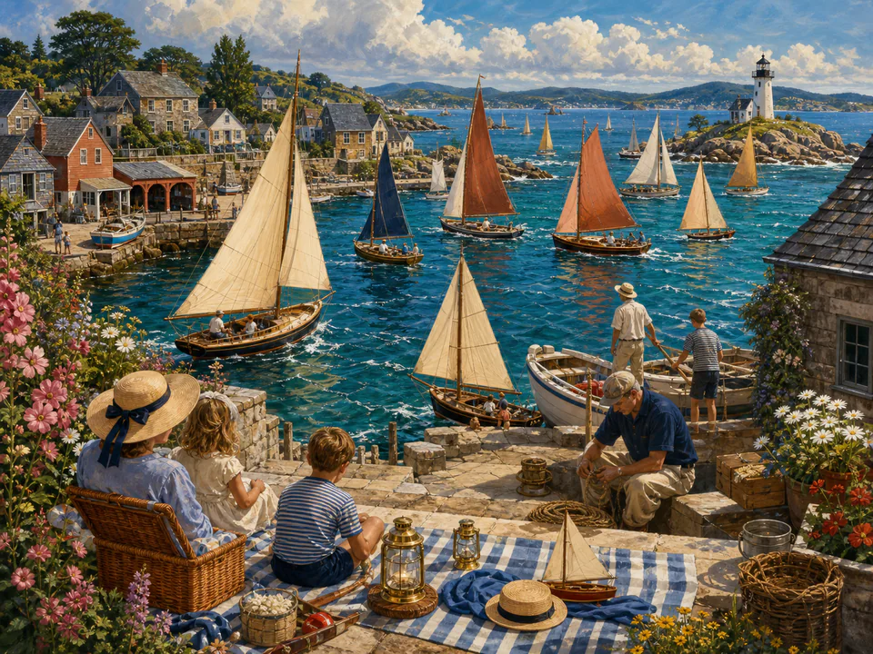 Regatta Sailing Bay, an illustrated seaside scenes jigsaw puzzle scene