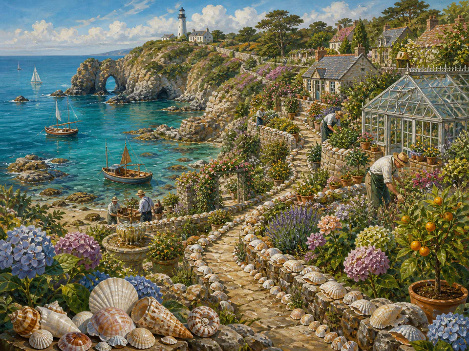 Regatta Coastal Gardens, an illustrated seaside scenes jigsaw puzzle scene
