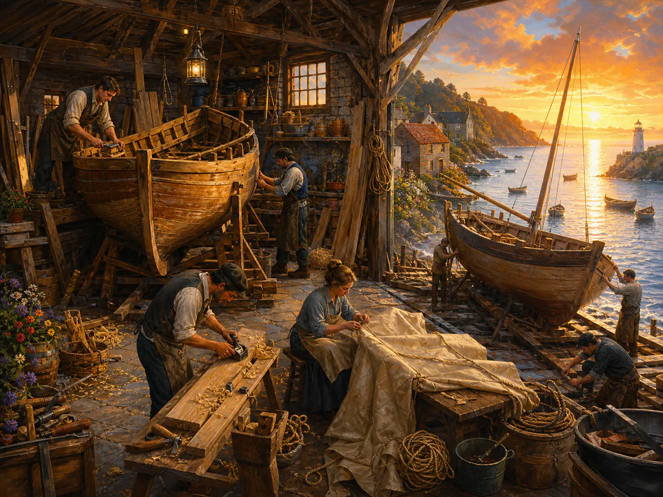 Regatta Boat Workshop, an illustrated seaside scenes jigsaw puzzle scene