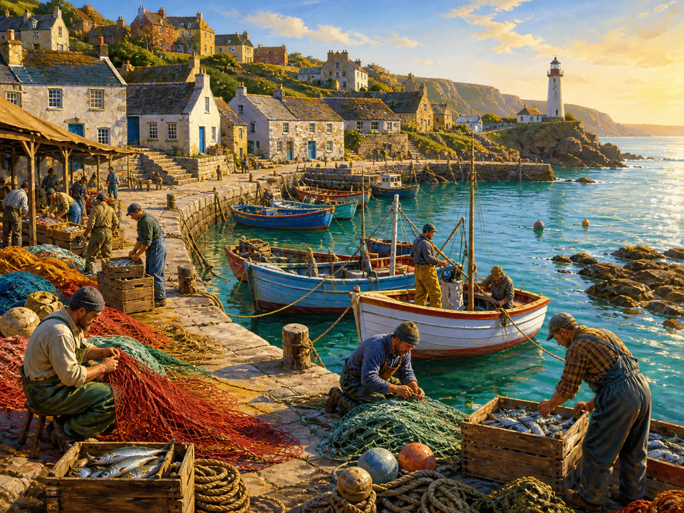 Shell Fishing Harbor, an illustrated seaside scenes jigsaw puzzle scene