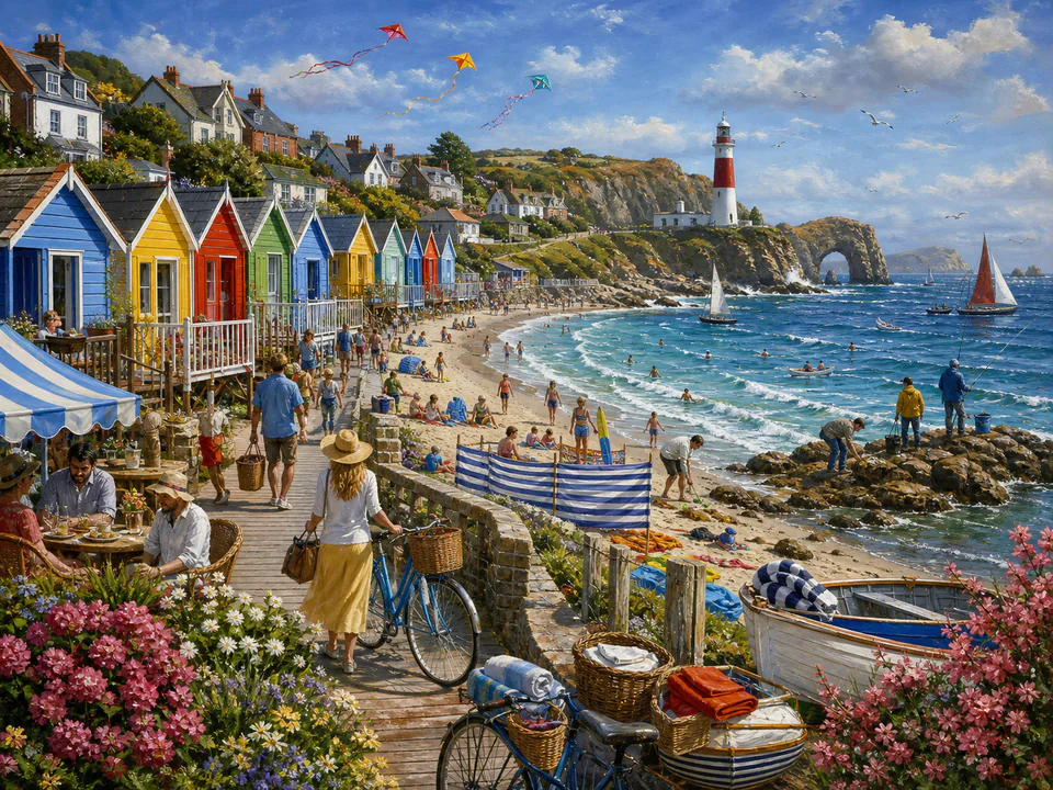 Shell Beach Huts, an illustrated seaside scenes jigsaw puzzle scene