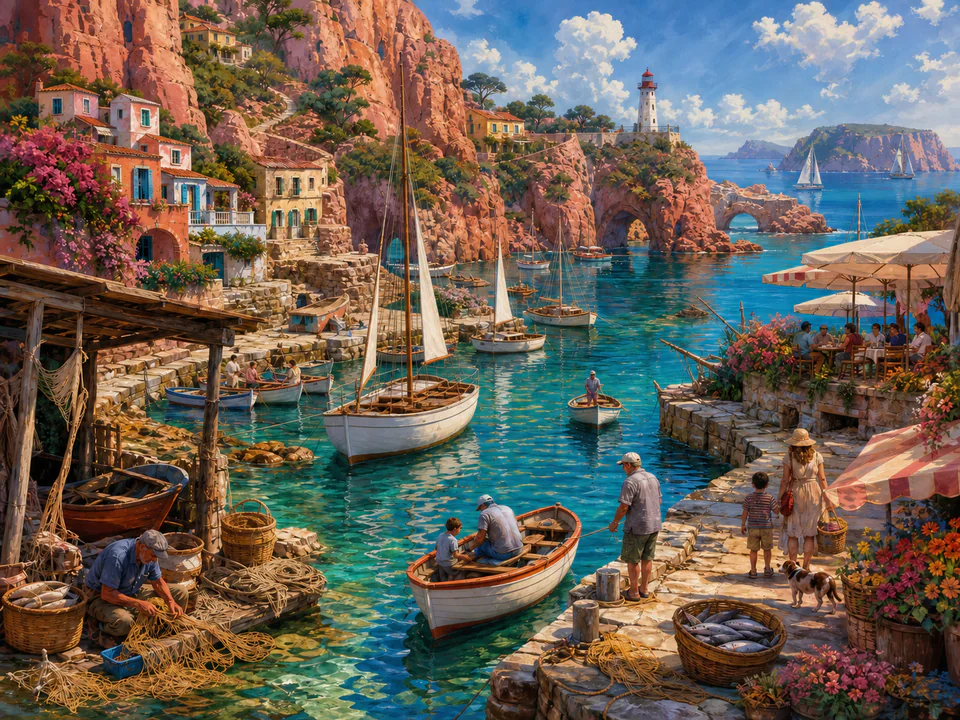 Shell Island Marina, an illustrated seaside scenes jigsaw puzzle scene