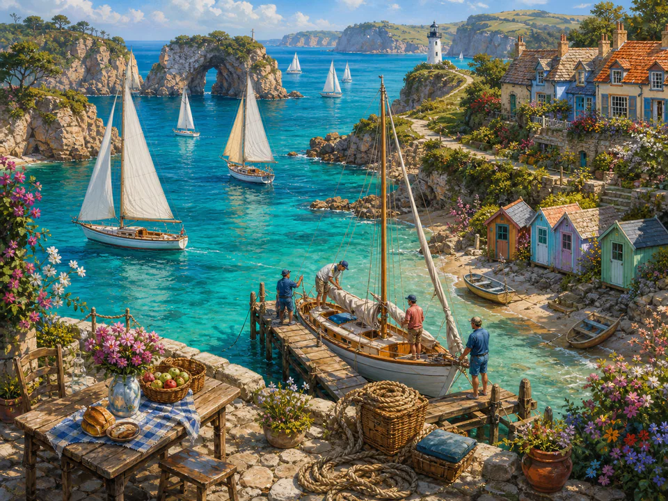 Shell Sailing Bay, an illustrated seaside scenes jigsaw puzzle scene