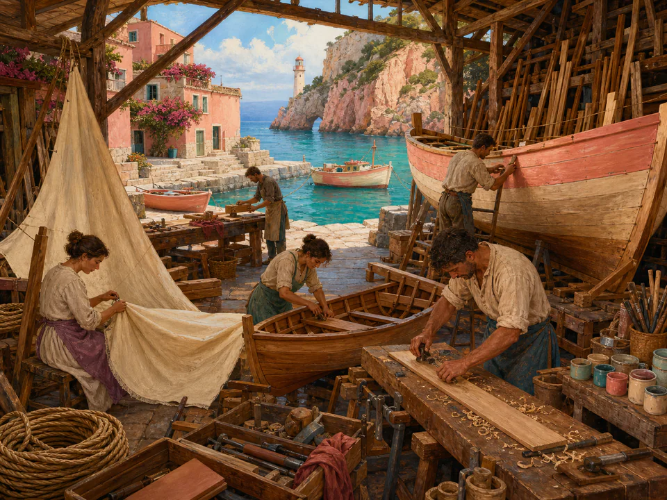 Shell Boat Workshop, an illustrated seaside scenes jigsaw puzzle scene