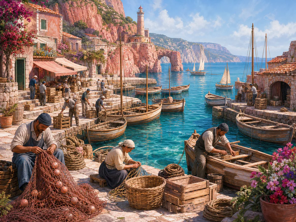 Sunset Fishing Harbor, an illustrated seaside scenes jigsaw puzzle scene
