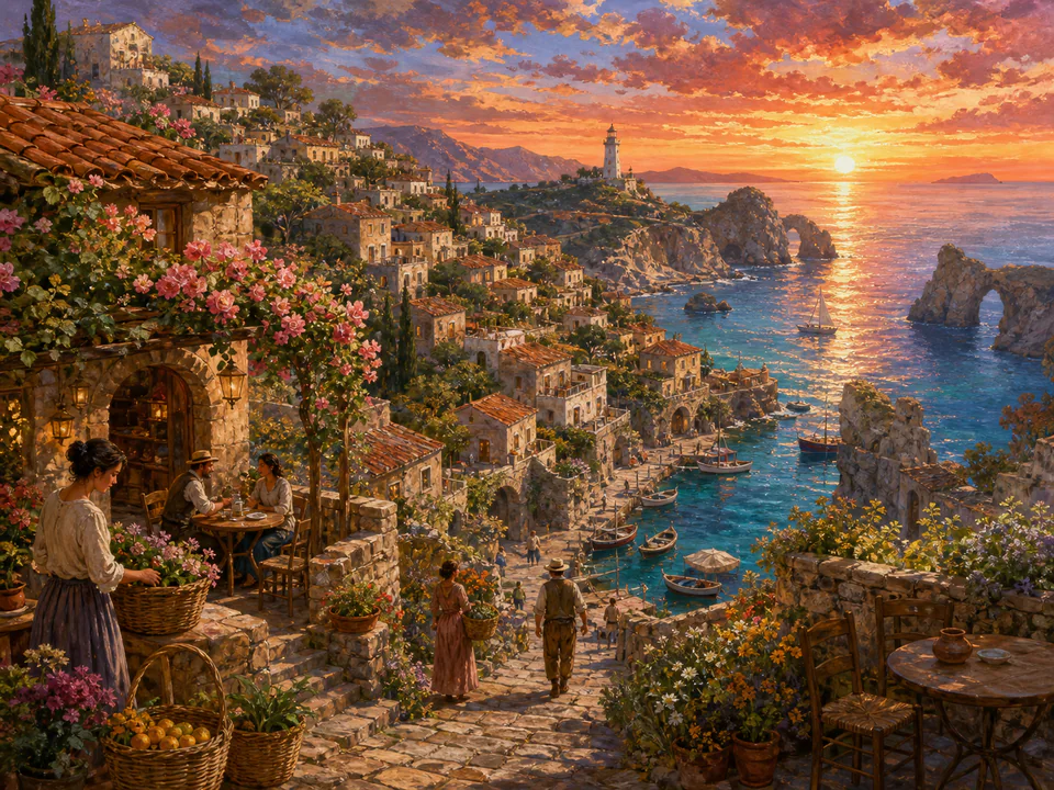 Sunset Clifftop Village, an illustrated seaside scenes jigsaw puzzle scene