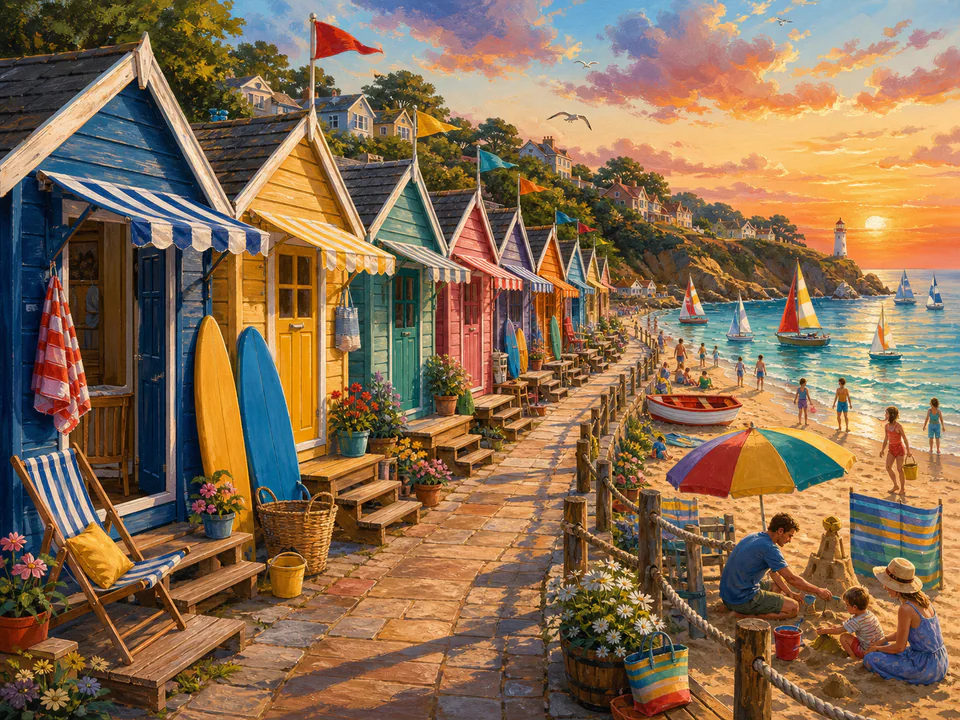 Sunset Beach Huts, an illustrated seaside scenes jigsaw puzzle scene