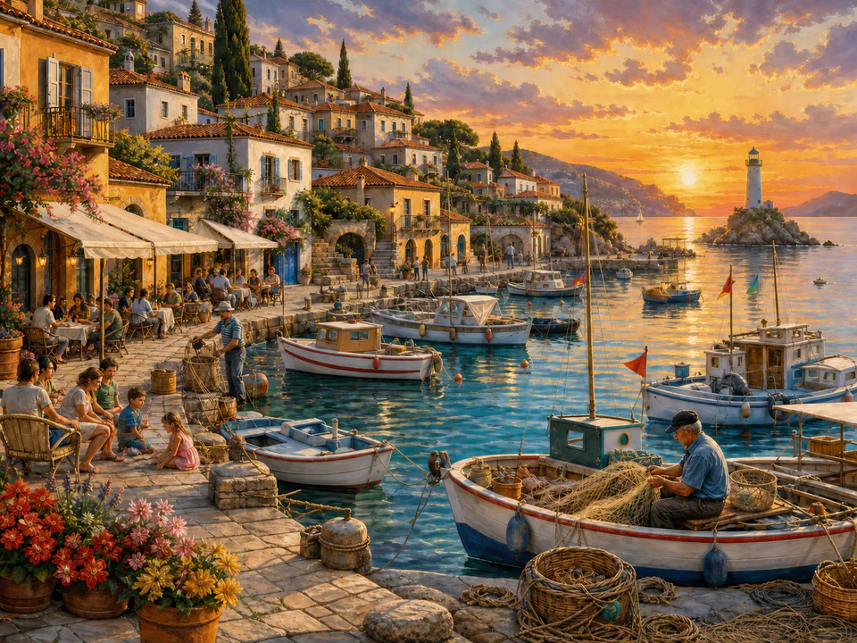 Sunset Island Marina, an illustrated seaside scenes jigsaw puzzle scene