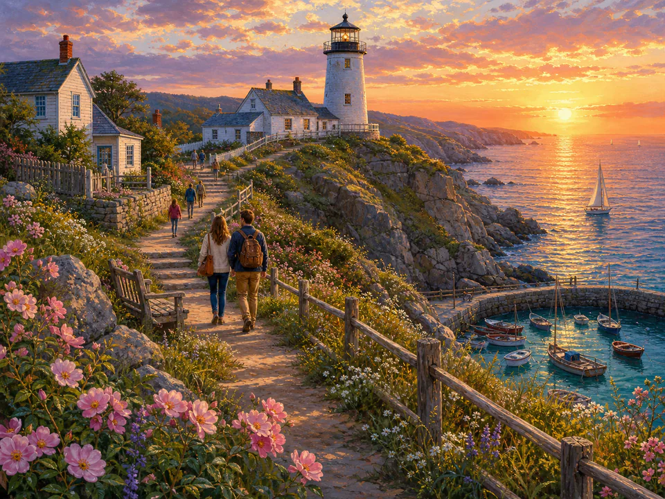 Sunset Lighthouse Path, an illustrated seaside scenes jigsaw puzzle scene