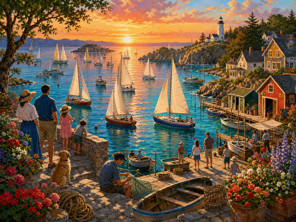 Sunset Sailing Bay, an illustrated seaside scenes jigsaw puzzle scene