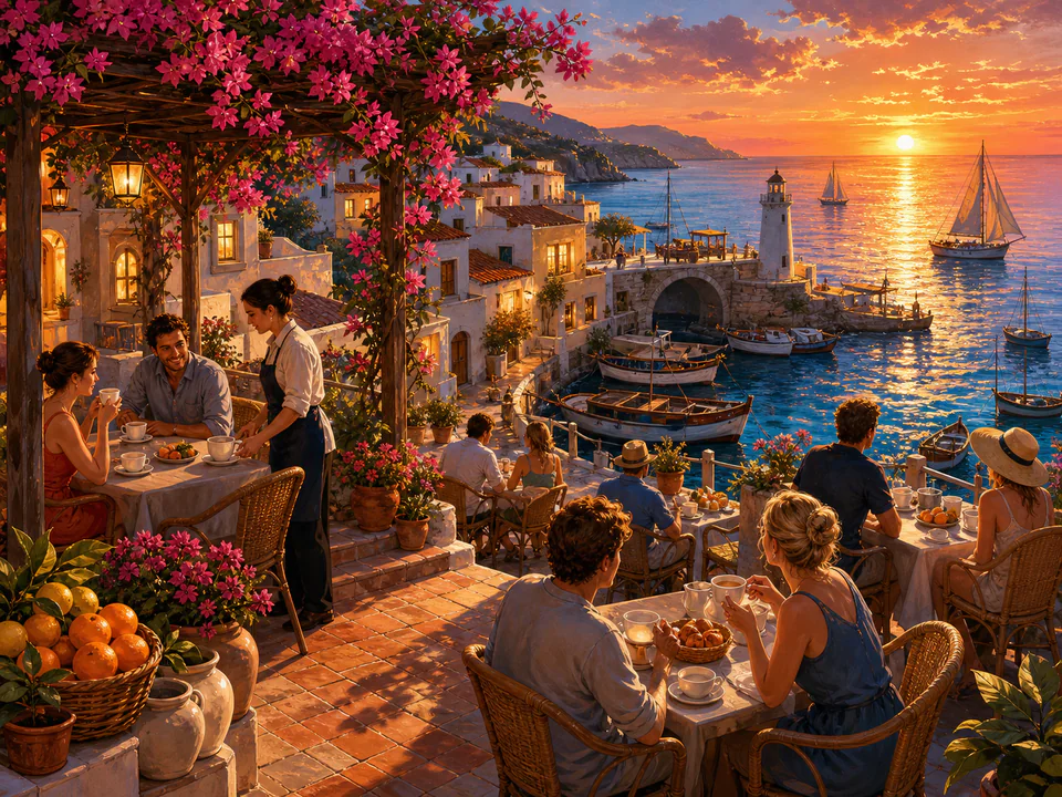 Sunset Seafront Café, an illustrated seaside scenes jigsaw puzzle scene