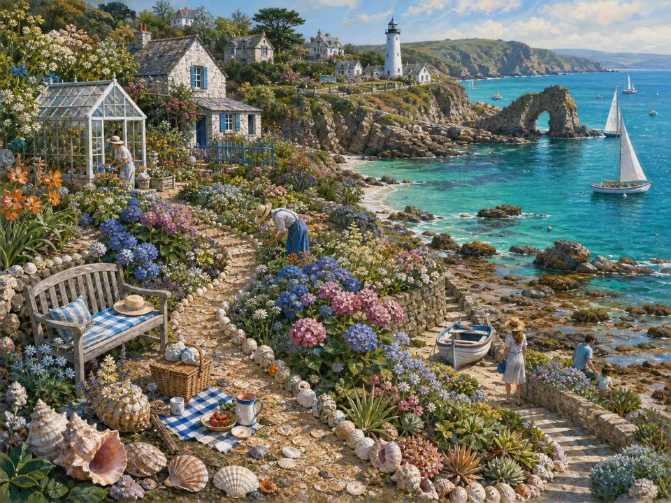 Sunset Coastal Gardens, an illustrated seaside scenes jigsaw puzzle scene