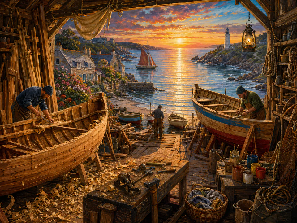 Sunset Boat Workshop, an illustrated seaside scenes jigsaw puzzle scene
