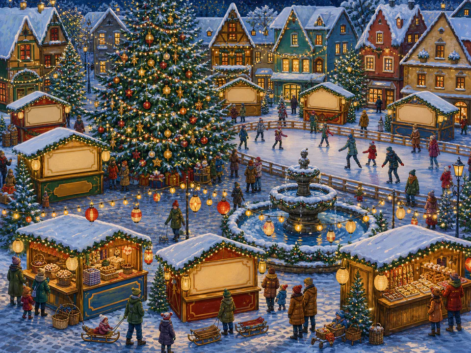 Winter Village Festival, an illustrated seasonal celebrations jigsaw puzzle scene