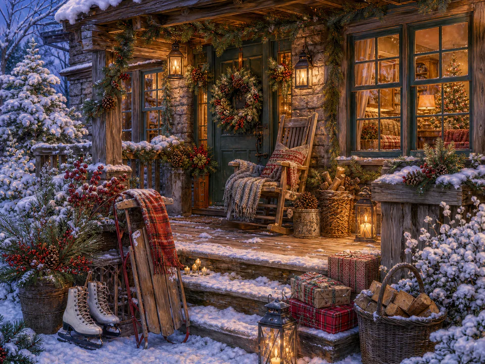 Winter Decorated Porch, an illustrated seasonal celebrations jigsaw puzzle scene
