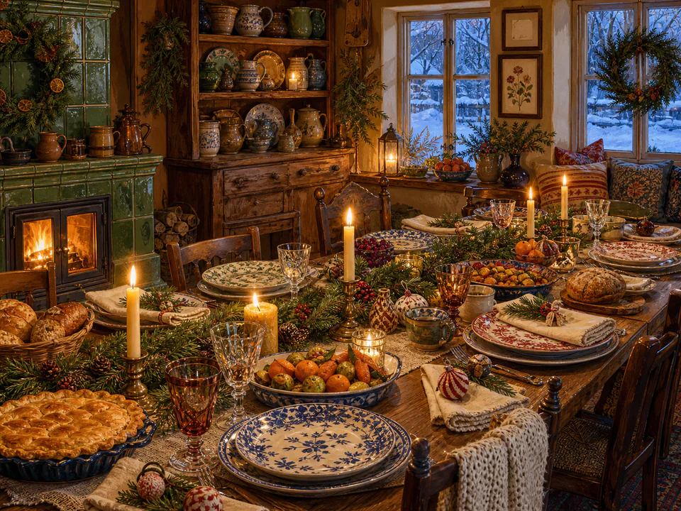 Winter Family Table, an illustrated seasonal celebrations jigsaw puzzle scene