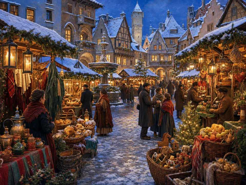 Winter Market Lights, an illustrated seasonal celebrations jigsaw puzzle scene