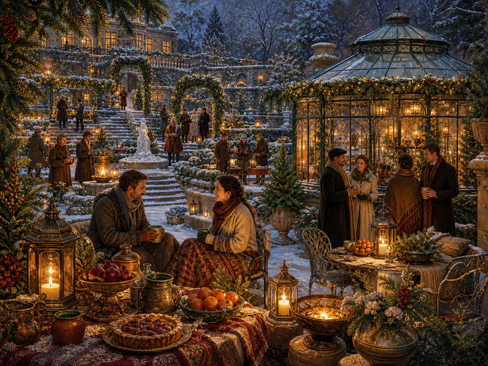 Winter Garden Party, an illustrated seasonal celebrations jigsaw puzzle scene