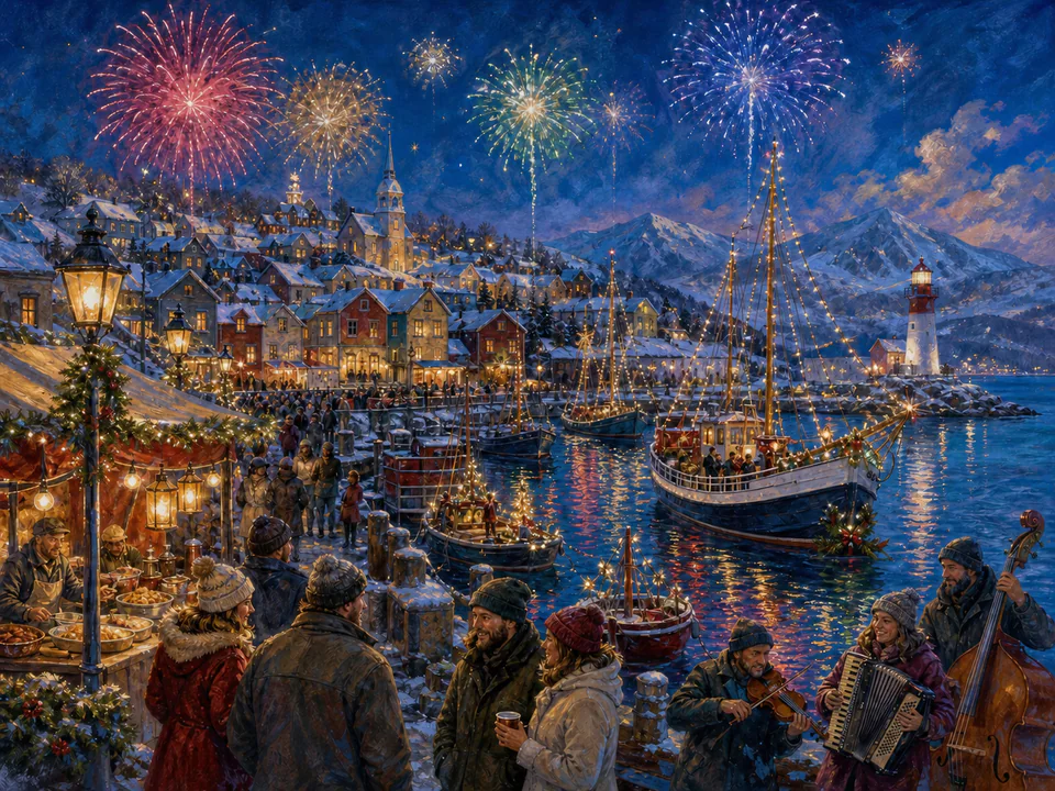 Winter Firework Harbor, an illustrated seasonal celebrations jigsaw puzzle scene