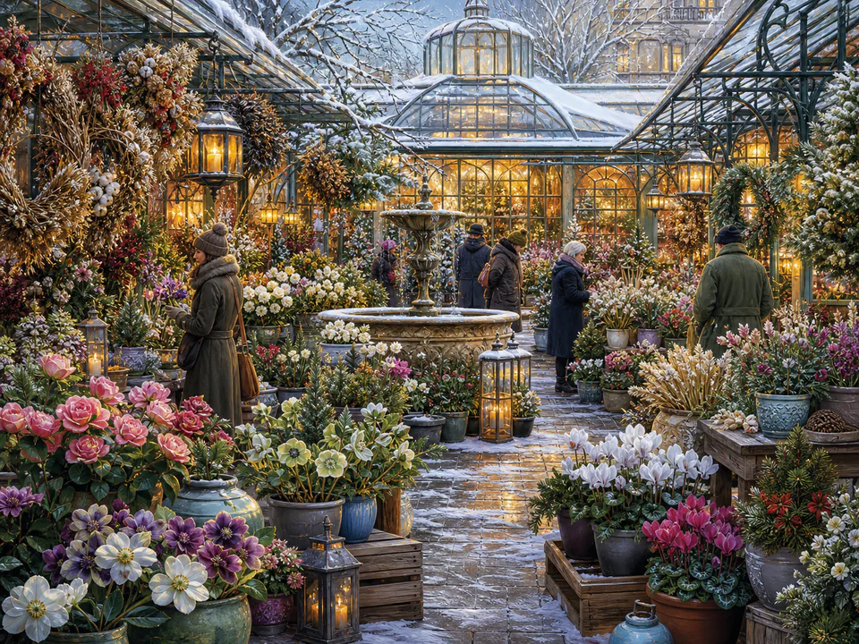 Winter Flower Fair, an illustrated seasonal celebrations jigsaw puzzle scene