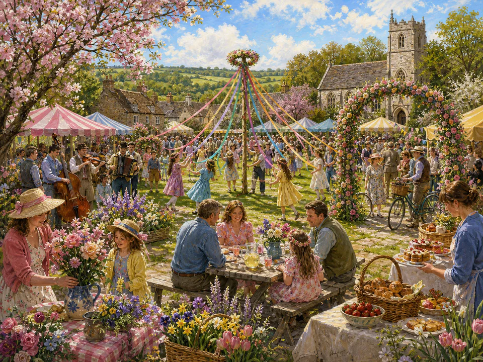 Spring Village Festival, an illustrated seasonal celebrations jigsaw puzzle scene