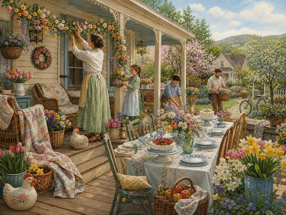 Spring Decorated Porch, an illustrated seasonal celebrations jigsaw puzzle scene