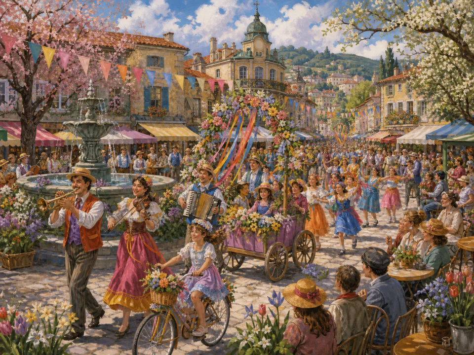 Spring Town Parade, an illustrated seasonal celebrations jigsaw puzzle scene