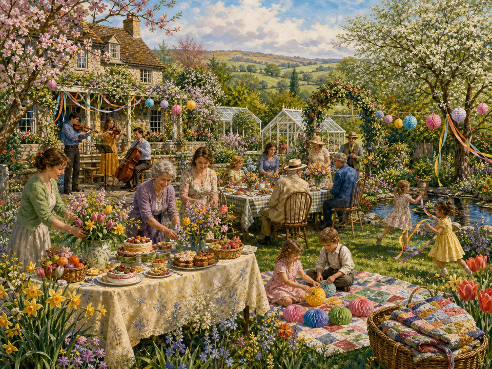 Spring Garden Party, an illustrated seasonal celebrations jigsaw puzzle scene