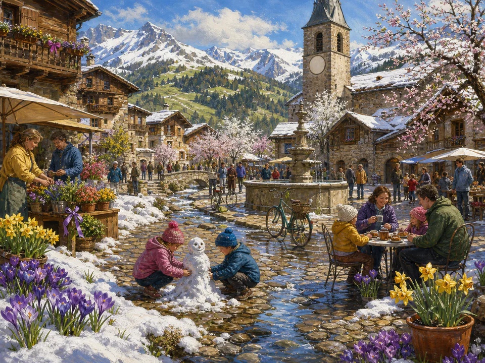 Spring Snowy Square, an illustrated seasonal celebrations jigsaw puzzle scene