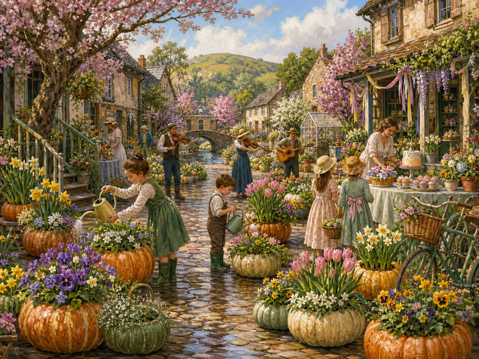 Spring Pumpkin Lane, an illustrated seasonal celebrations jigsaw puzzle scene