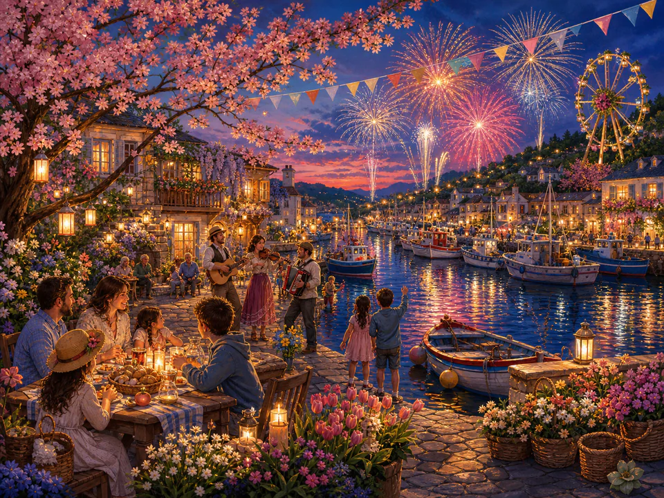 Spring Firework Harbor, an illustrated seasonal celebrations jigsaw puzzle scene
