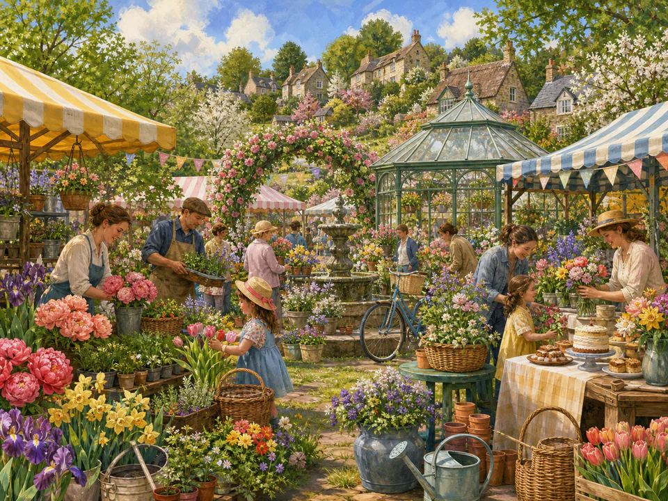 Spring Flower Fair, an illustrated seasonal celebrations jigsaw puzzle scene