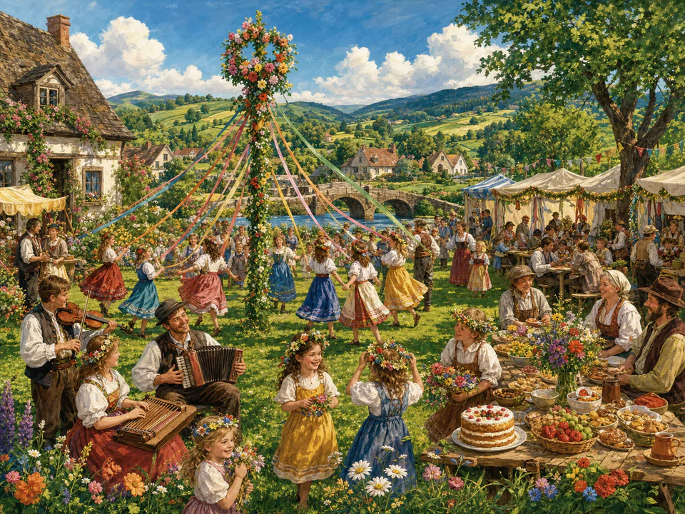 Midsummer Village Festival, an illustrated seasonal celebrations jigsaw puzzle scene