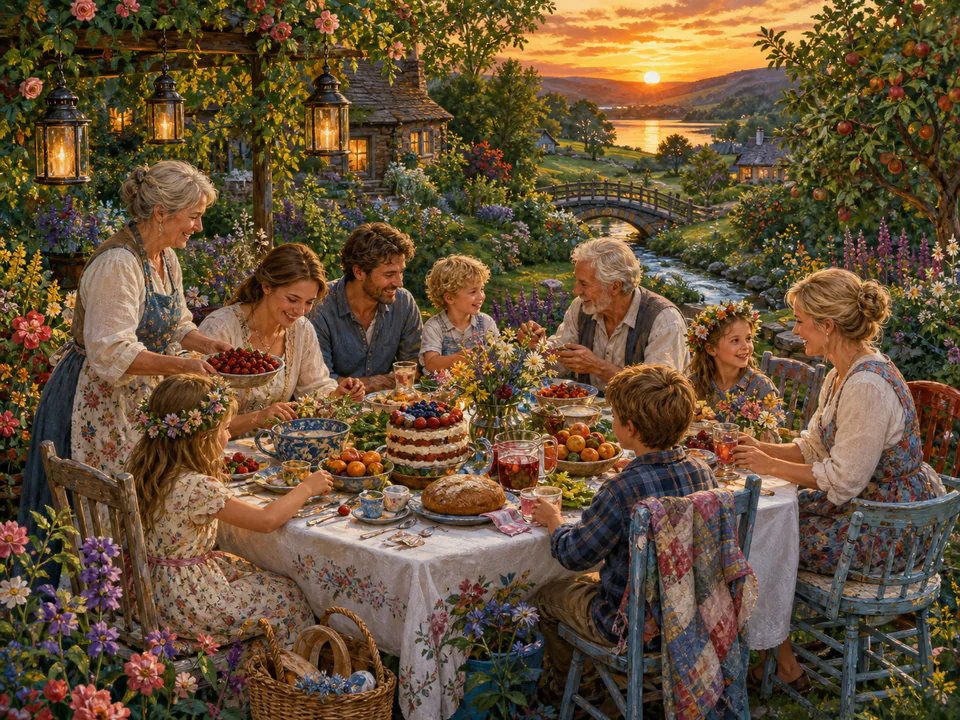 Midsummer Family Table, an illustrated seasonal celebrations jigsaw puzzle scene
