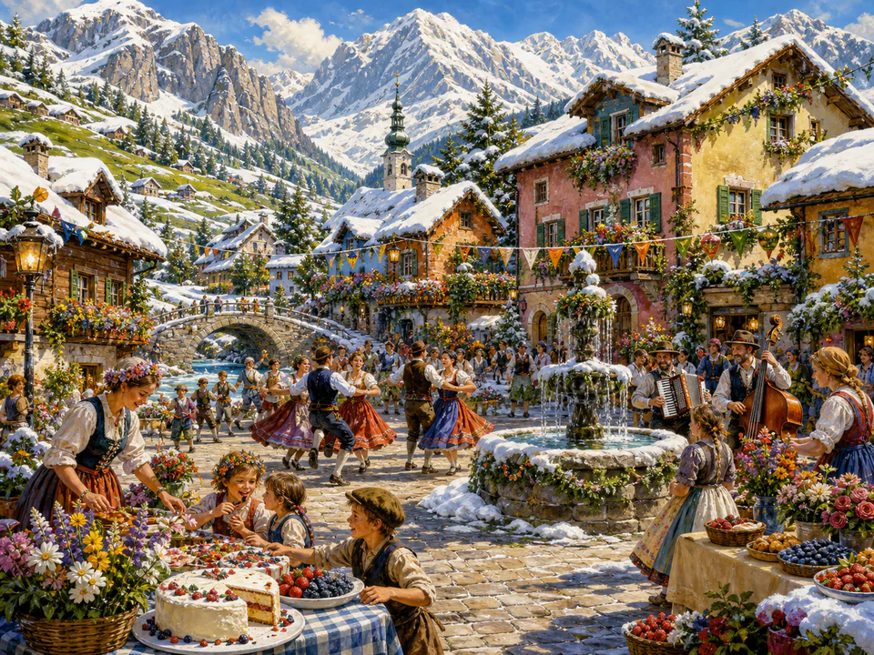 Midsummer Snowy Square, an illustrated seasonal celebrations jigsaw puzzle scene