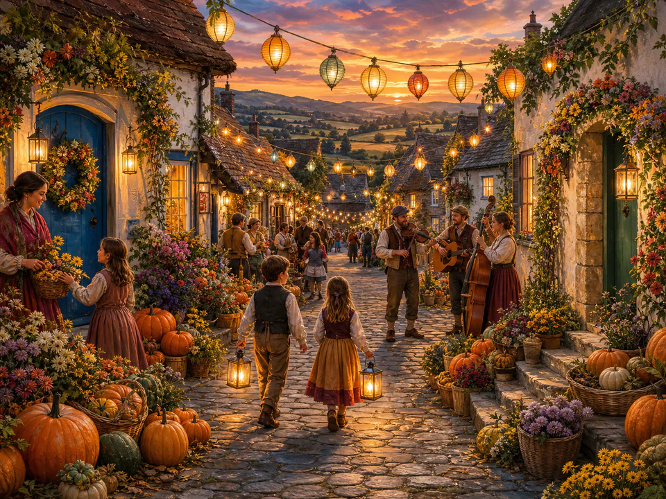 Midsummer Pumpkin Lane, an illustrated seasonal celebrations jigsaw puzzle scene