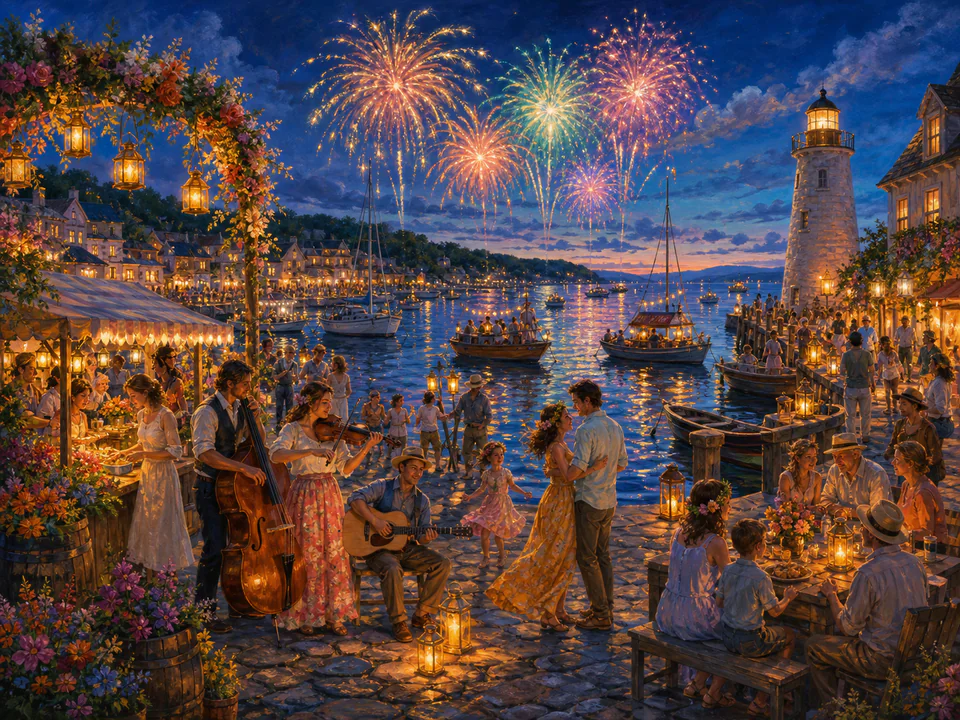Midsummer Firework Harbor, an illustrated seasonal celebrations jigsaw puzzle scene