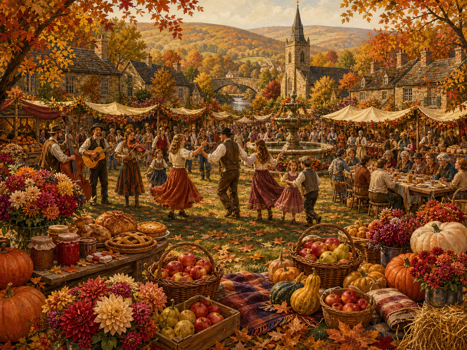 Autumn Village Festival, an illustrated seasonal celebrations jigsaw puzzle scene