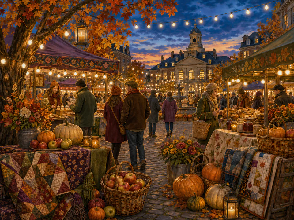 Autumn Market Lights, an illustrated seasonal celebrations jigsaw puzzle scene