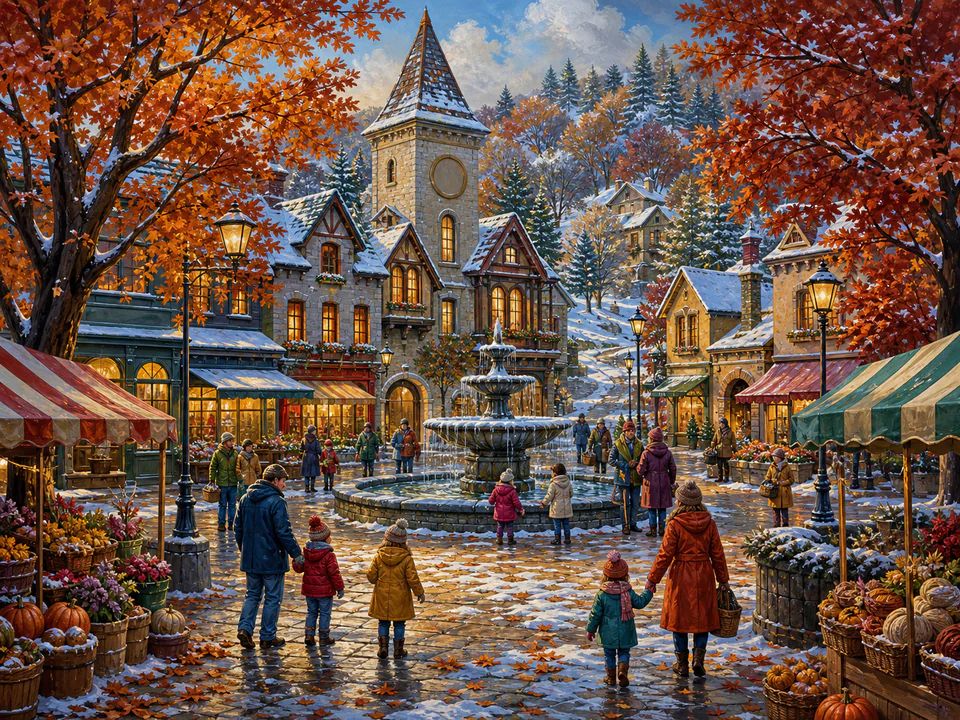 Autumn Snowy Square, an illustrated seasonal celebrations jigsaw puzzle scene